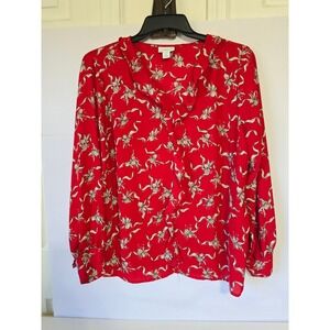 Liz Claiborne Red Floral Print Long Sleeve Blouse Top Womens XL